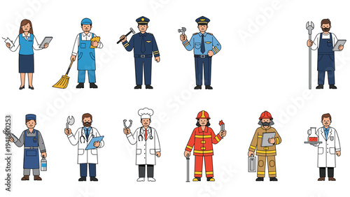 Diverse collection of icons represents various professions including a doctor, firefighter, pilot, and chef in uniform.