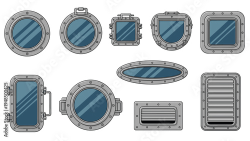 Collection of diverse metal portholes and vent covers in various shapes features glass windows for ships or labs.