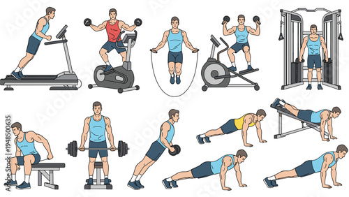 People performing various fitness exercises like running on a treadmill, cycling, jumping rope, and weightlifting at the gym.