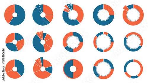 Set of different circle infographics and pie charts in blue and orange colors for data visualization and business presentations.