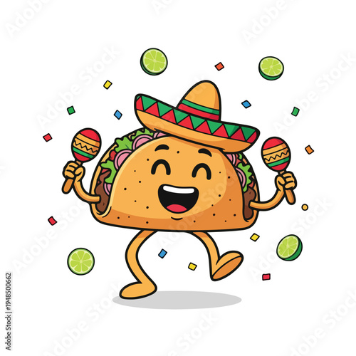 A cheerful taco character wearing a sombrero and holding maracas, surrounded by confetti and lime wedges on a white background with a festive mood.