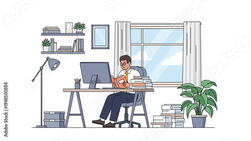 Professional man sitting at a desk in a well organized home office reading a book with a computer and plants in the background.