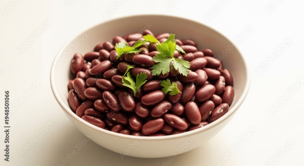 Fototapeta premium Bowl of kidney beans garnished with fresh parsley sprigs.