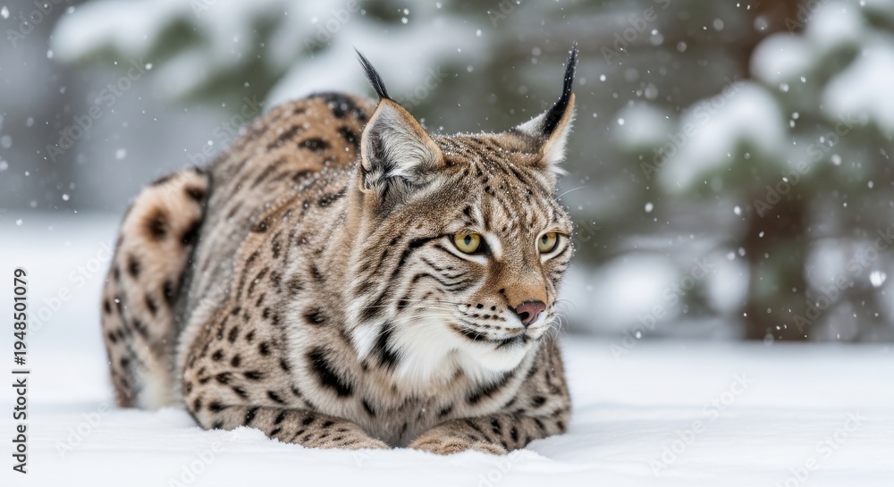 Fototapeta premium Wild Eurasian Lynx in Snowy Forest.