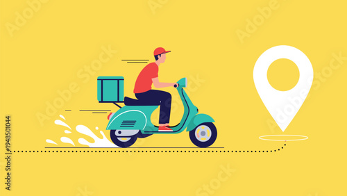 Delivery person riding a green motor scooter with a cargo box on a yellow background heading towards a large map location icon.