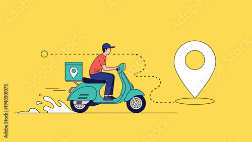 Courier on a green delivery scooter carrying a package with a dotted tracking line moving towards a white location pin symbol.