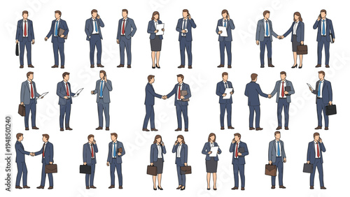 Large group of business professionals in suits shown in different poses such as talking on phones, shaking hands, and holding files.