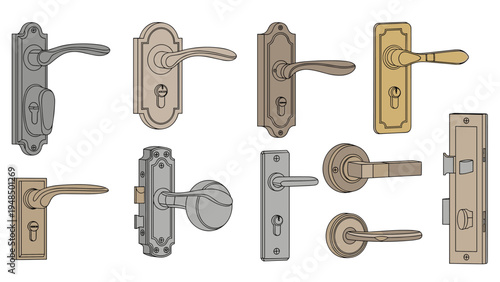 Assortment of classic and modern door handles, knobs, and lock plates in various metallic finishes like brass, silver, and bronze.