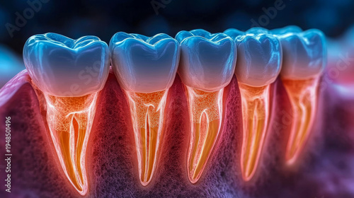 Vivid 3D illustration of row of molar teeth, revealing intricate internal root canals and pulp chambers glowing with fiery orange, symbolizing dental pain, infection, or healthy nervous system.