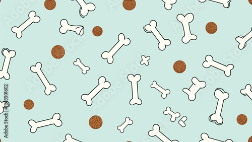 Seamless pattern for pet accessories featuring white dog bones and round brown treats scattered on a soft light blue background.