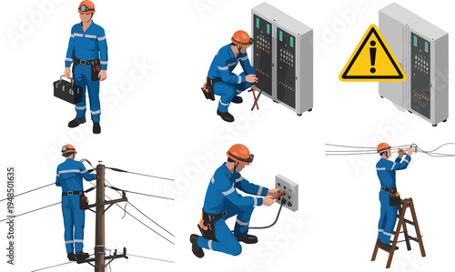 Electrician Working on Power Lines and Electrical Panels with Safety Gear and Tools