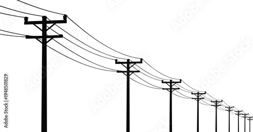 Silhouette of Multiple Telephone Poles and Power Lines Stretching into the Distance electricity