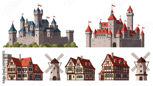 Collection of medieval architecture including majestic stone castles, traditional half timbered houses, and old wooden windmills.