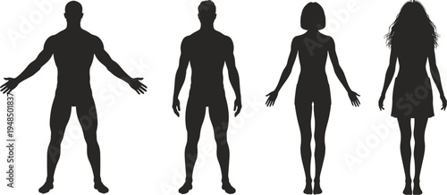 Silhouettes of Four Human Figures Male and Female Standing with Arms Outstretched and One Female in a Dress