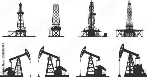 Silhouettes of Oil Drilling Rigs and Pumpjacks in a Row oil rig oil industry