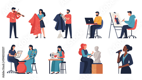 Set of people engaged in various creative activities such as playing violin, sewing, painting, sculpting, singing, and digital design work.