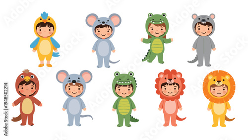 Group of small children wearing adorable animal costumes like bird, mouse, crocodile, bird, lion, and monkey in two rows on white background.