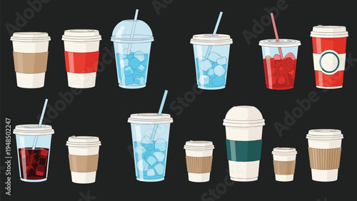 Variety of takeaway coffee and beverage cups in different sizes and designs with straws and sleeves arranged on a dark charcoal background.