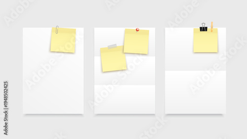 White Paper Sheet with Sticky Memo Note, Push Pin, Tape and Clip – Realistic Office Paper Mockup Top View Vector