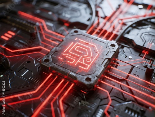 Futuristic Red Circuit Board with Glowing Processor and Connections