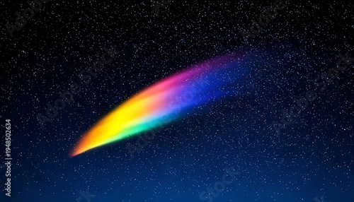 A vivid, multicolored comet streaks across a deep blue night sky sprinkled with stars, creating a celestial spectacle