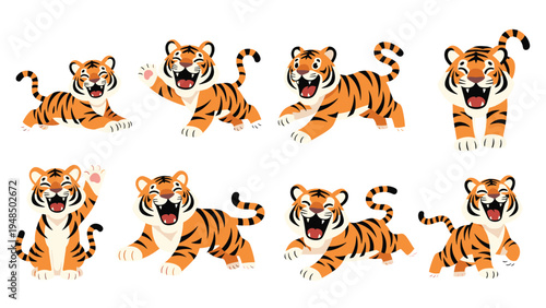 Set of adorable cartoon tigers in various playful and energetic poses such as running, jumping, waving, and roaring with happy expressions.