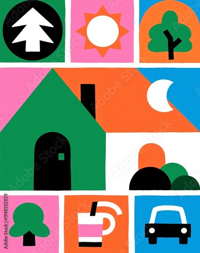Colorful Geometric Illustration of Nature and Home Elements