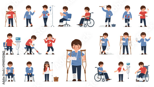 Large set of characters illustrating different injuries and physical disabilities including people with crutches, wheelchairs, and bandages.