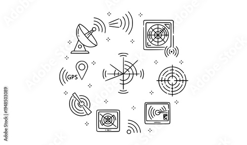 Radar scanning and signal detection thin outline icons collection simple technology radar vector set