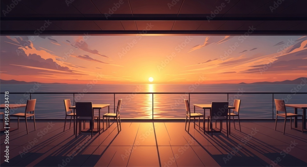 Fototapeta premium Serene Sunset View from a Seaside Restaurant Terrace.
