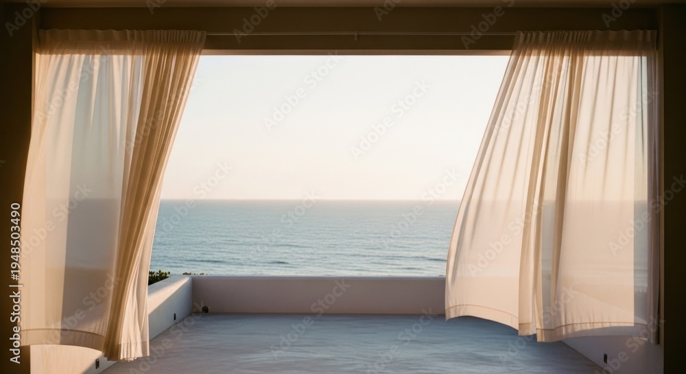 Fototapeta premium Serene Ocean View from Balcony with Flowing Curtains.