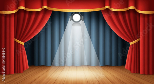 An illustration of a theatre stage with red curtains and a spotlight shining through a white curtain onto a wooden floor