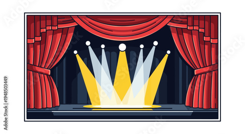 Illustration of a theatre stage with red curtains and spotlights shining down on the performance area
