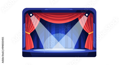 An illustration of a theatre stage with red curtains, stage lights, and a blue background for a World Theatre Day concept