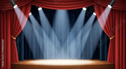 An empty theatre stage with red curtains and spotlights shining down, creating a dramatic backdrop for a performance or show
