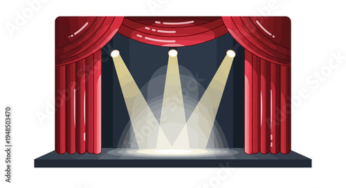 A theatre stage illustration with red curtains and open, featuring spotlights shining down on the empty stage
