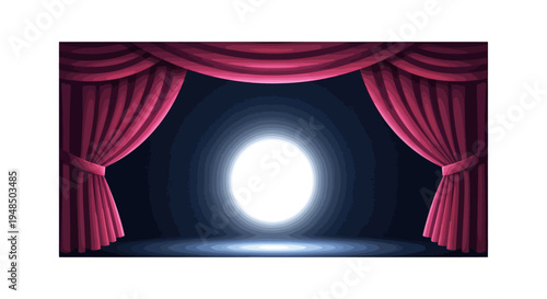 An illustration of a bright stage with red curtains drawn open to reveal a spotlight shining on a dark background for a theatre performance or entertainment concept