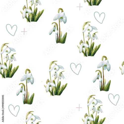 Beautiful and delicate first spring flowers, leaves, and twigs in pastel tones. A seamless pattern featuring spring flowers.