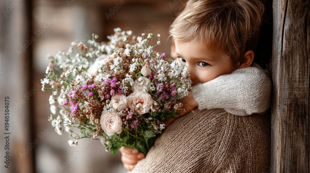 Naklejka premium Little boy hiding a bouquet of pink carnations behind his back, eyes smiling directly at the viewer while hugging an adult, anticipating a loving surprise for a special day