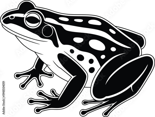 A detailed illustration of a black and white spotted frog in a crouching position.
