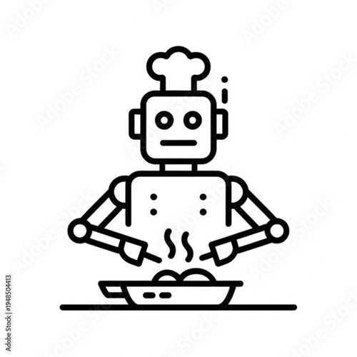A black and white line art illustration of a robotic chef preparing a hot meal in a frying pan