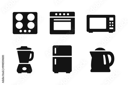 Kitchen appliances icons solid black icon set vector illustration