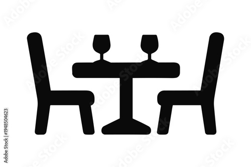 Restaurant table with two chairs and wine glasses icon black silhouette vector illustration