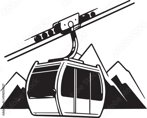 Cable car gondola ascending mountain transport icon isolated black white vector illustration