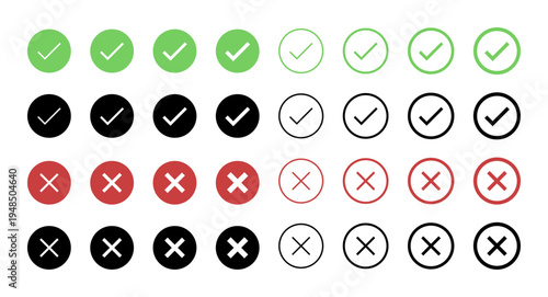 Green check mark, red cross and black tick X icon set. Solid and outline circular symbols in thin to thick line weights for web forms, app checklists, and accept reject validation buttons.