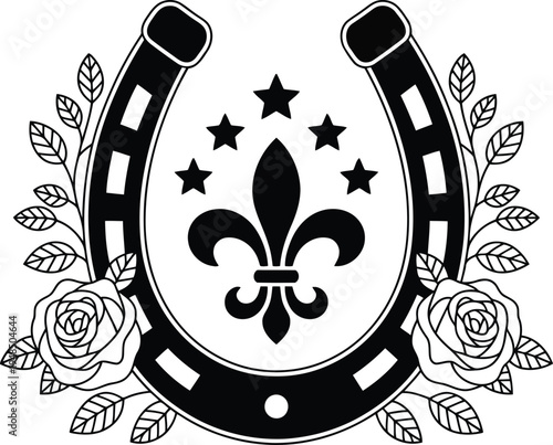 A decorative horseshoe design with a fleur-de-lis and stars surrounded by roses