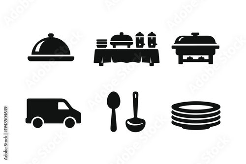 Catering service icons with food delivery, plates, spoons, and food trays