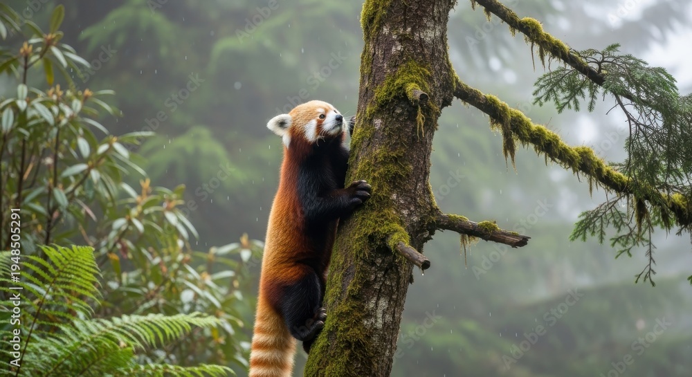 Fototapeta premium Red Panda Climbing Tree in Forest.