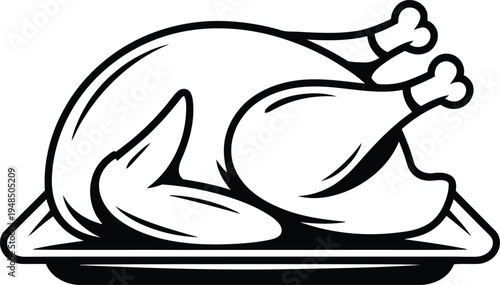 A detailed black and white illustration of a roasted turkey on a platter.