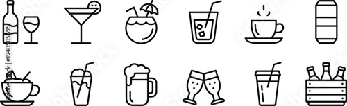 Flat vector illustration, drinks icons, beverage symbols, wine glass, cocktail icon, coffee cup, beer mug, smoothie graphic, tea cup, bottle crate